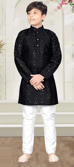 Black and Grey color Boys Kurta Pyjama in Cotton fabric with Embroidered, Sequence, Thread work : 1864232