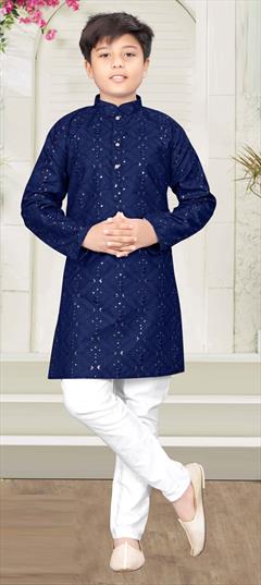Blue color Boys Kurta Pyjama in Cotton fabric with Embroidered, Sequence, Thread work : 1864233