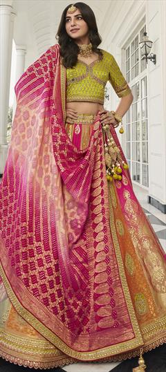 Engagement, Reception, Wedding Multicolor color Lehenga in Raw Silk fabric with A Line Embroidered, Resham, Zari work : 1864245