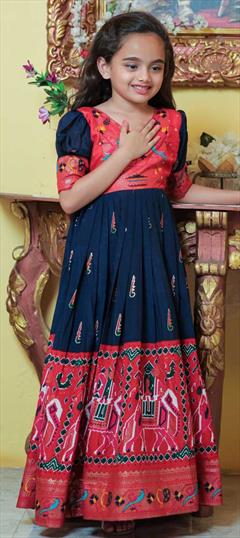 Blue, Red and Maroon color Girls Gown in Art Silk fabric with Foil Print work : 1864249