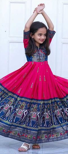 Blue, Pink and Majenta color Girls Gown in Art Silk fabric with Foil Print work : 1864257