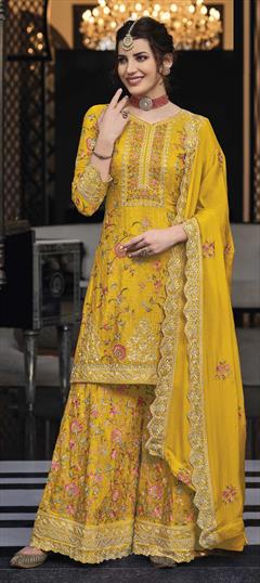 Party Wear Yellow color Salwar Kameez in Art Silk fabric with Palazzo, Straight Embroidered, Resham, Sequence, Thread work : 1864407
