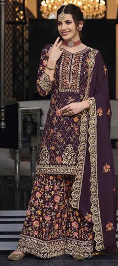 Party Wear Purple and Violet color Salwar Kameez in Art Silk fabric with Palazzo, Straight Embroidered, Resham, Sequence, Thread work : 1864408