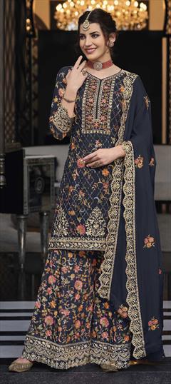 Party Wear Blue color Salwar Kameez in Art Silk fabric with Palazzo, Straight Embroidered, Resham, Sequence, Thread work : 1864409