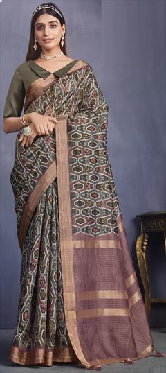 Traditional, Wedding Beige and Brown color Saree in Silk, Tussar Silk fabric with South Printed work : 1864430