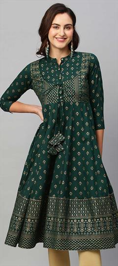 Casual Green color Kurti in Cotton fabric with Anarkali, Long Sleeve Printed work : 1864431