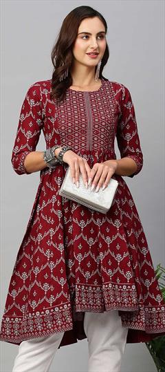 Casual Red and Maroon color Kurti in Cotton fabric with Anarkali, Long Sleeve Printed work : 1864433