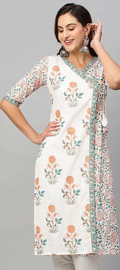 Casual White and Off White color Kurti in Cotton fabric with Angrakha, Elbow Sleeve, Straight Printed work : 1864435