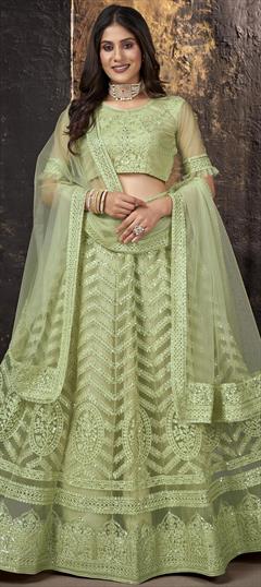 Party Wear, Reception Green color Lehenga in Net fabric with Flared Resham, Sequence, Thread, Zari work : 1864494