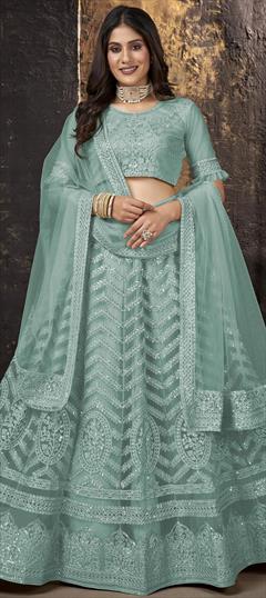 Party Wear, Reception Blue color Lehenga in Net fabric with Flared Resham, Sequence, Thread, Zari work : 1864495