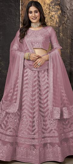Party Wear, Reception Pink and Majenta color Lehenga in Net fabric with Flared Resham, Sequence, Thread, Zari work : 1864497
