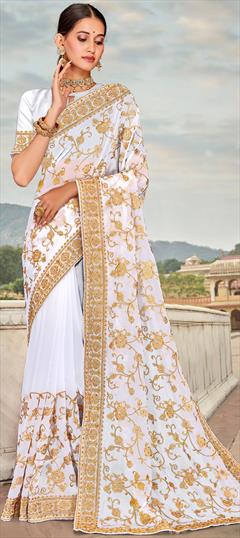 Reception, Wedding White and Off White color Saree in Georgette fabric with Classic Embroidered, Stone, Thread, Zari work : 1864501