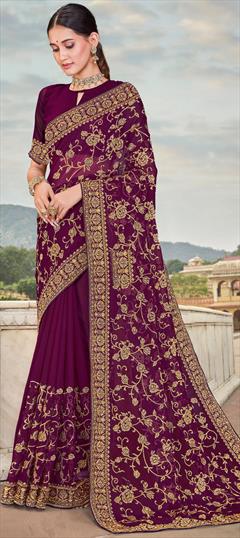 Reception, Wedding Purple and Violet color Saree in Georgette fabric with Classic Embroidered, Stone, Thread, Zari work : 1864514