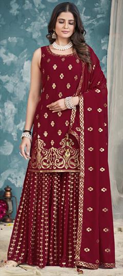 Bollywood Red and Maroon color Salwar Kameez in Georgette fabric with Sharara, Straight Sequence, Zari work : 1864580