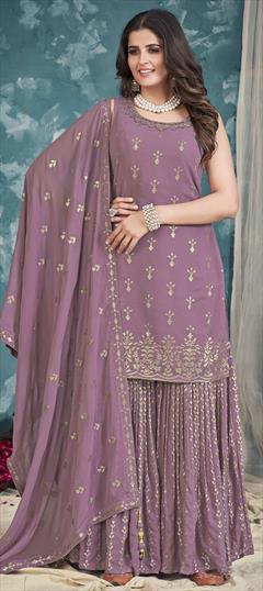 Bollywood Purple and Violet color Salwar Kameez in Georgette fabric with Sharara, Straight Sequence, Zari work : 1864585