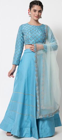 Mehendi Sangeet, Party Wear Blue color Lehenga in Satin Silk fabric with Umbrella Shape Lace work : 1864587