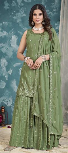 Bollywood Green color Salwar Kameez in Georgette fabric with Sharara, Straight Sequence, Zari work : 1864589