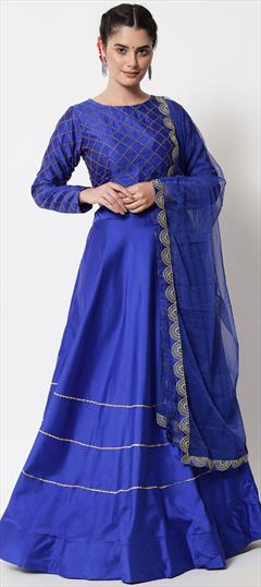 Mehendi Sangeet, Party Wear Blue color Lehenga in Satin Silk fabric with Umbrella Shape Lace work : 1864594