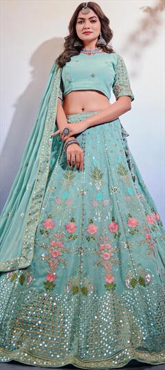 Engagement, Reception, Wedding Blue color Lehenga in Georgette fabric with A Line Embroidered, Sequence, Thread work : 1864645
