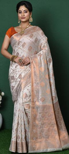 Bridal, Traditional, Wedding White and Off White color Saree in Banarasi Silk, Silk fabric with South Weaving work : 1864666