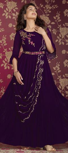 Festive, Reception Purple and Violet color Gown in Georgette fabric with Embroidered, Sequence, Thread, Zari work : 1864713