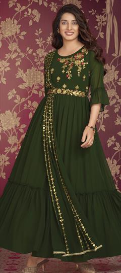 Festive, Reception Green color Gown in Georgette fabric with Embroidered, Sequence, Thread, Zari work : 1864714