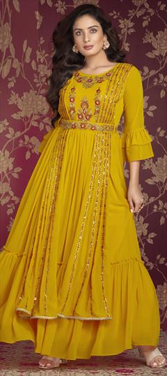 Festive, Reception Yellow color Gown in Georgette fabric with Embroidered, Sequence, Thread, Zari work : 1864720