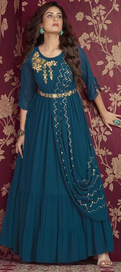 Festive, Reception Blue color Gown in Georgette fabric with Embroidered, Sequence, Thread, Zari work : 1864721