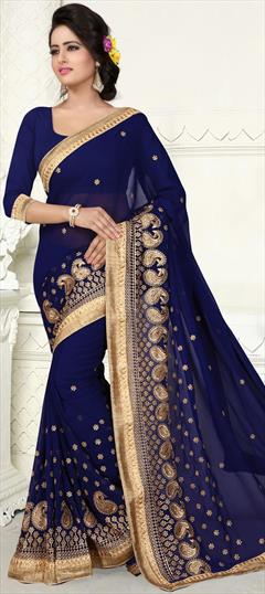 Party Wear, Reception Blue color Saree in Georgette fabric with Classic Embroidered, Lace, Thread, Zari work : 1864781