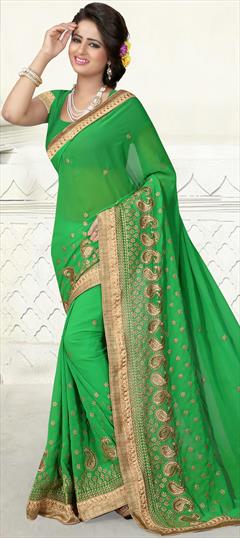 Party Wear, Reception Green color Saree in Georgette fabric with Classic Embroidered, Lace, Thread, Zari work : 1864785