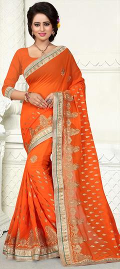 Party Wear, Reception Orange color Saree in Georgette fabric with Classic Embroidered, Lace, Thread, Zari work : 1864789
