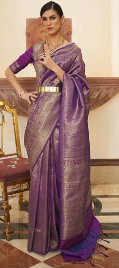 Traditional Purple and Violet color Saree in Handloom fabric with Bengali Weaving work : 1864977