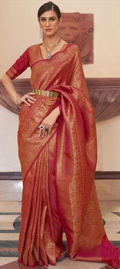 Traditional Red and Maroon color Saree in Handloom fabric with Bengali Weaving work : 1864978