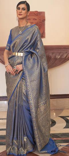 Traditional Blue color Saree in Handloom fabric with Bengali Weaving work : 1864980