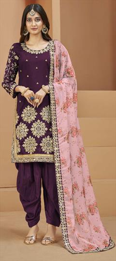 Party Wear Purple and Violet color Salwar Kameez in Art Silk fabric with Patiala, Straight Embroidered, Mirror, Zari work : 1865023