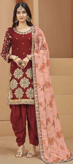 Party Wear Red and Maroon color Salwar Kameez in Art Silk fabric with Patiala, Straight Embroidered, Mirror, Zari work : 1865026