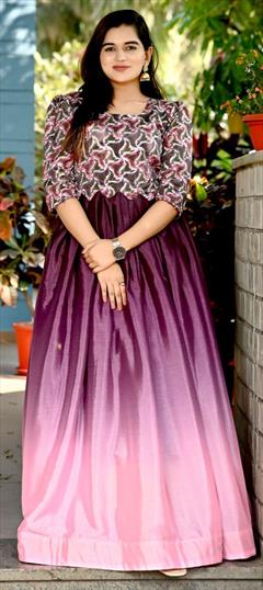 Party Wear Pink and Majenta color Gown in Art Silk fabric with Anarkali Printed work : 1865041