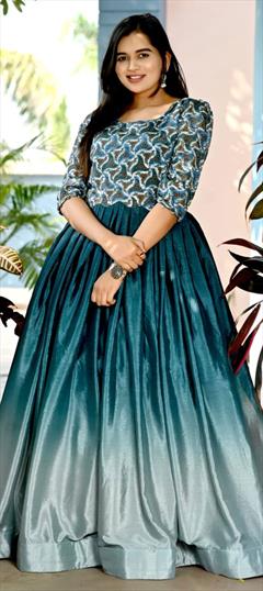 Party Wear Blue color Gown in Art Silk fabric with Anarkali Printed work : 1865043
