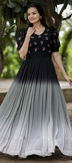 Party Wear Black and Grey color Gown in Faux Georgette fabric with Anarkali Digital Print, Embroidered work : 1865045
