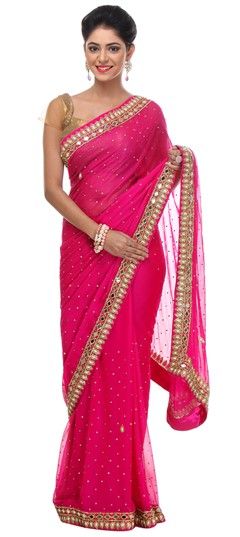 Party Wear Pink and Majenta color Saree in Chiffon fabric with Classic Mirror, Zircon work : 186523