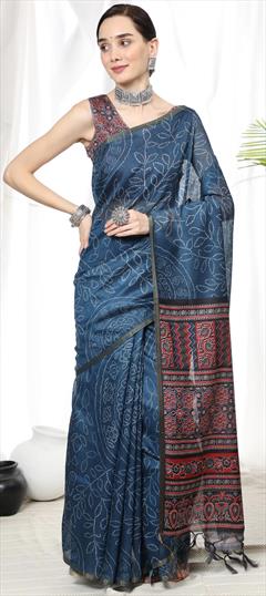 Festive, Traditional Blue color Saree in Linen fabric with Bengali, Rajasthani Bandhej, Printed work : 1865237