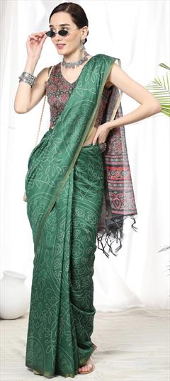 Festive, Traditional Green color Saree in Linen fabric with Bengali, Rajasthani Bandhej, Printed work : 1865238