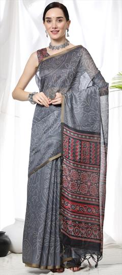 Festive, Traditional Black and Grey color Saree in Linen fabric with Bengali, Rajasthani Bandhej, Printed work : 1865239