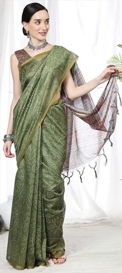 Festive, Traditional Green color Saree in Linen fabric with Bengali, Rajasthani Bandhej, Printed work : 1865241