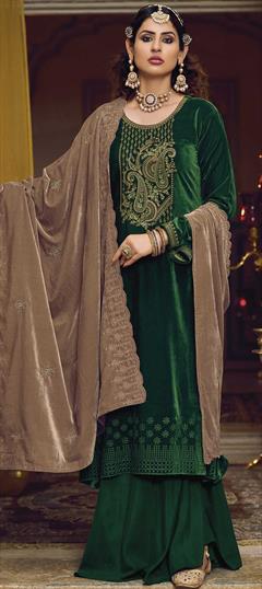 Festive, Party Wear, Reception Green color Salwar Kameez in Velvet fabric with Pakistani, Straight Resham, Thread, Zari work : 1865270