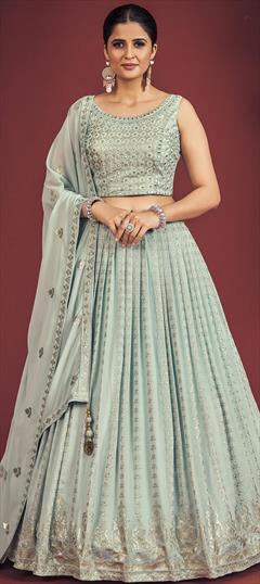 Bridal, Reception, Wedding Blue color Ready to Wear Lehenga in Georgette fabric with A Line Mirror, Sequence work : 1865354
