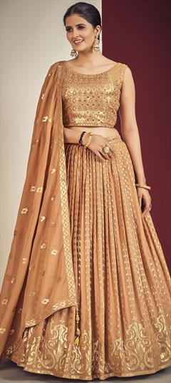 Bridal, Reception, Wedding Beige and Brown color Ready to Wear Lehenga in Georgette fabric with A Line Mirror, Sequence work : 1865355
