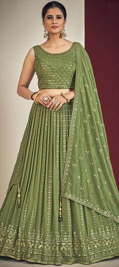 Bridal, Reception, Wedding Green color Ready to Wear Lehenga in Georgette fabric with A Line Mirror, Sequence work : 1865356