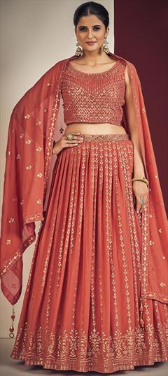 Bridal, Reception, Wedding Red and Maroon color Ready to Wear Lehenga in Georgette fabric with A Line Mirror, Sequence work : 1865357
