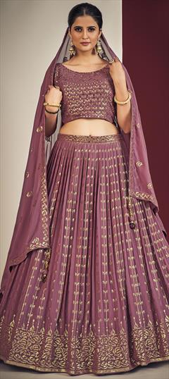 Bridal, Reception, Wedding Purple and Violet color Ready to Wear Lehenga in Georgette fabric with A Line Mirror, Sequence work : 1865358